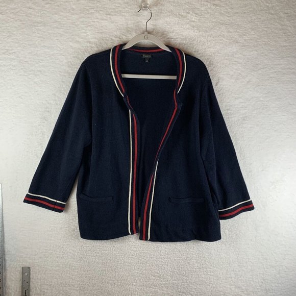 Talbots Sweater Blazer Women XL Blue Striped Trim Long Sleeve Cardigan 7859 - Picture 1 of 8